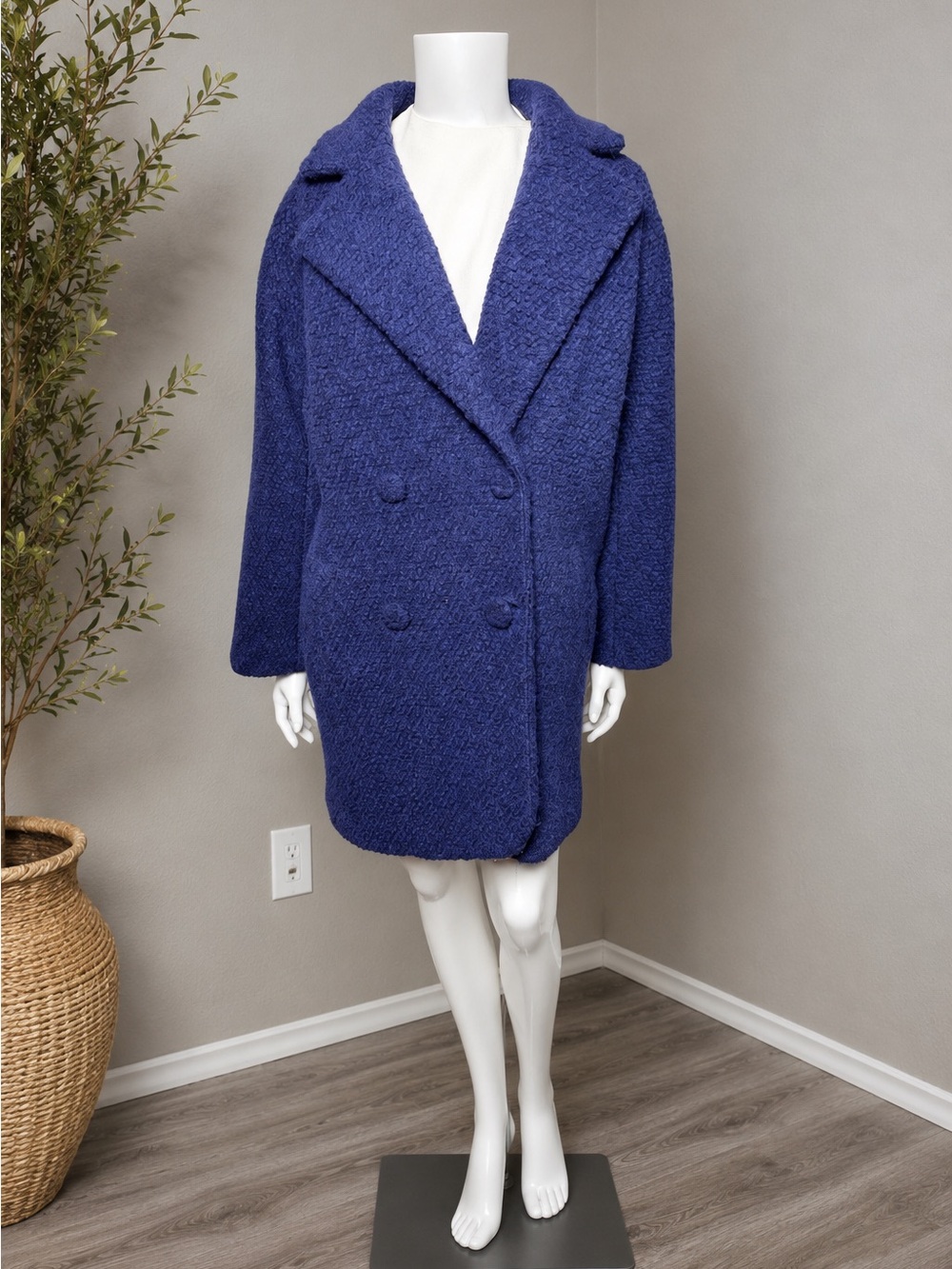 Molly Bracken Blue Boucle Teddy Coat Oversized Cocoon Shawl Collar Medium